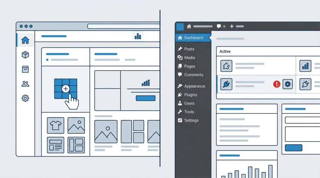Comparison illustration of a hosted Shopify-style dashboard versus a self-managed WooCommerce WordPress dashboard