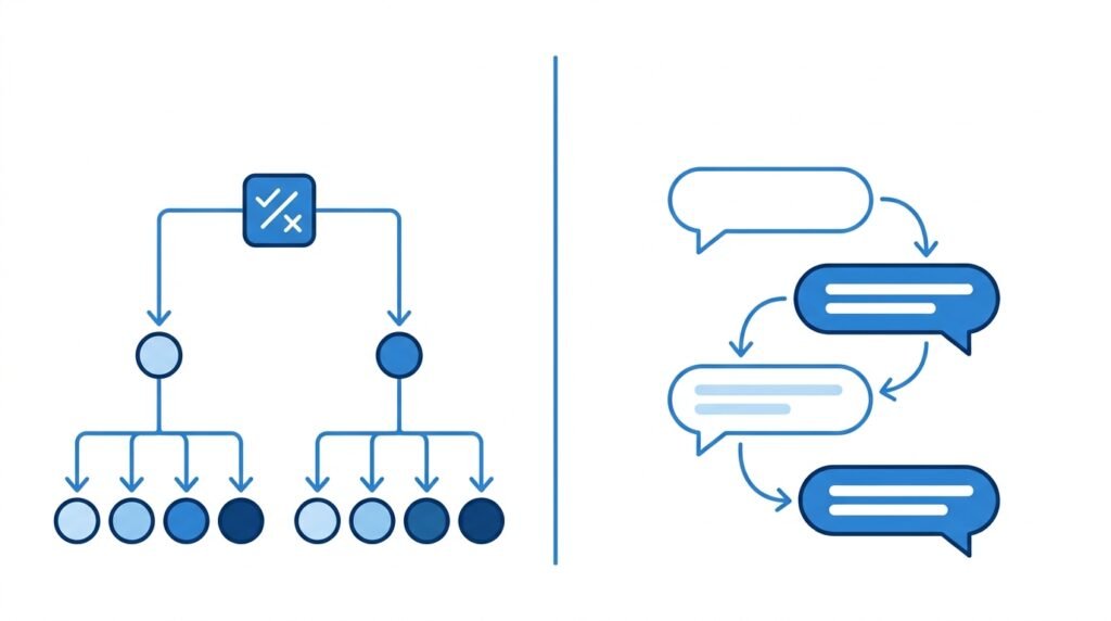 Diagram comparing rules-based chatbot decision trees with conversational AI