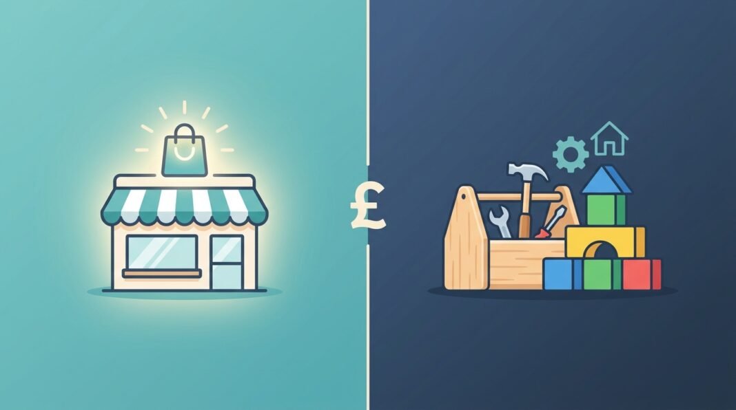 Split illustration comparing Shopify hosted ecommerce and WooCommerce self-hosted ecommerce for UK small businesses