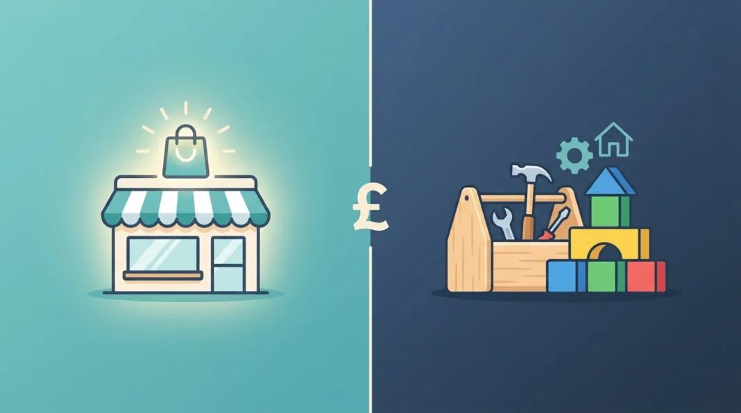 Split illustration comparing Shopify hosted ecommerce and WooCommerce self-hosted ecommerce for UK small businesses