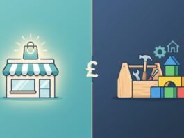Split illustration comparing Shopify hosted ecommerce and WooCommerce self-hosted ecommerce for UK small businesses