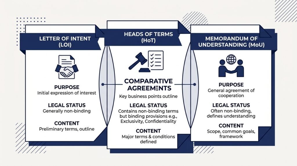 Comparison graphic showing Letter of Intent, Heads of Terms and Memorandum of Understanding in a UK business sale