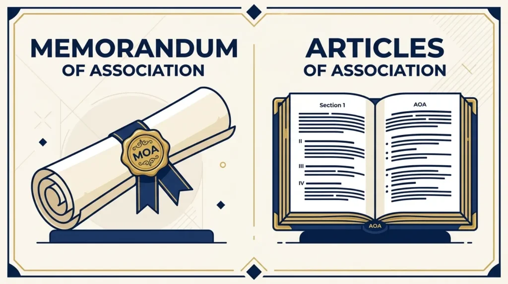 Diagram comparing UK memorandum of association and articles of association