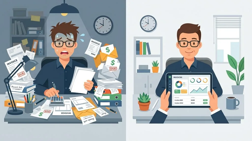 Illustration comparing manual paper invoicing with automated digital invoicing