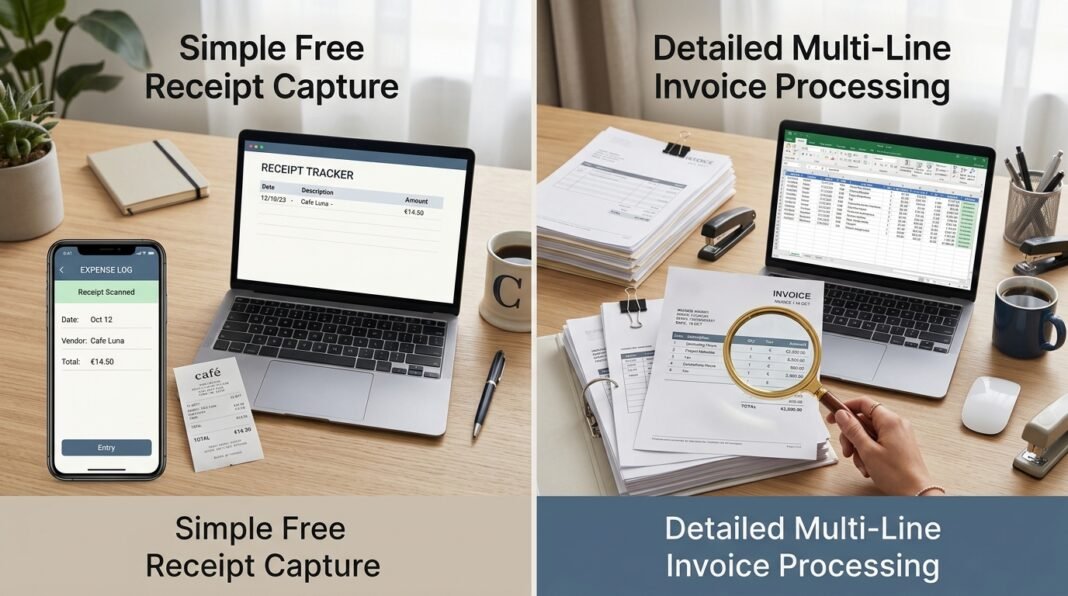 Illustration comparing simple receipt capture and detailed multi-line invoice processing for UK bookkeeping software