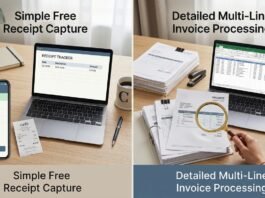 Illustration comparing simple receipt capture and detailed multi-line invoice processing for UK bookkeeping software