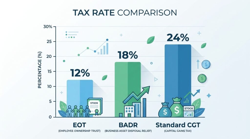 Bar chart comparing EOT, BADR and standard CGT tax rates for UK business succession