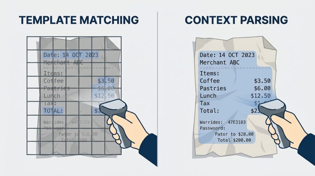 Diagram comparing template-based OCR and context-based OCR accuracy on a crumpled receipt