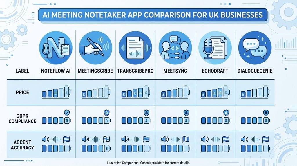 Comparison chart of AI meeting notes tools showing pricing and GDPR compliance