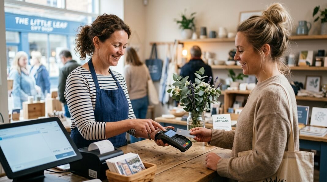 UK small business owner accepting a contactless card payment using a card reader