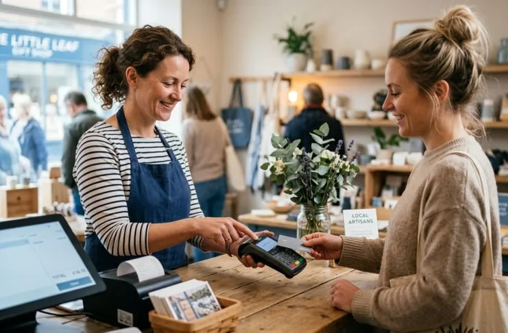 UK small business owner accepting a contactless card payment using a card reader