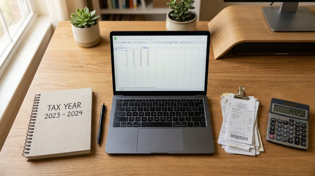 UK sole trader organising receipts and bank statements for HMRC record keeping