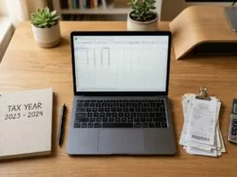 UK sole trader organising receipts and bank statements for HMRC record keeping