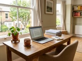 UK home office desk set up for running a small business from home
