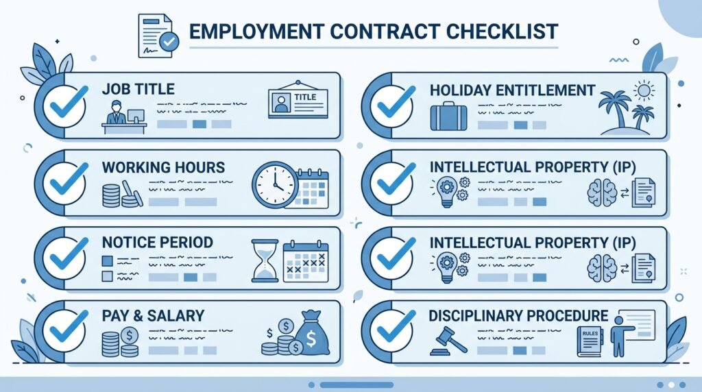 Checklist infographic of UK employment contract clauses for small businesses