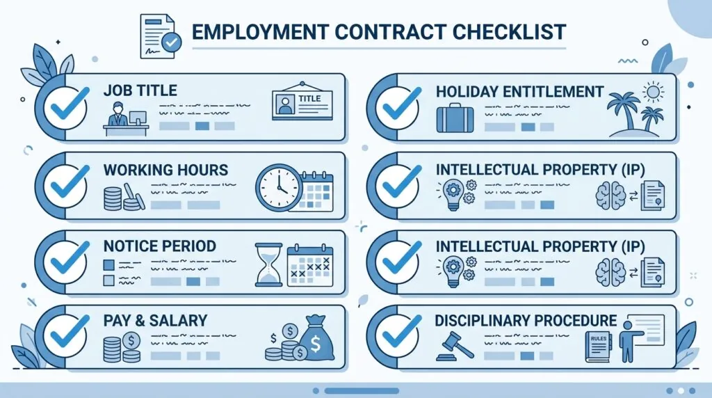 Checklist infographic of UK employment contract clauses for small businesses