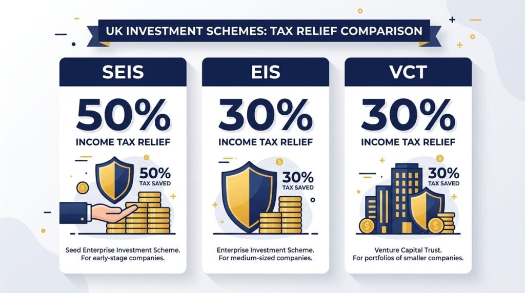 Table comparing SEIS EIS and VCT tax relief schemes in the UK