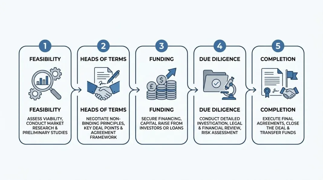 Diagram showing the five stages of a UK management buyout process