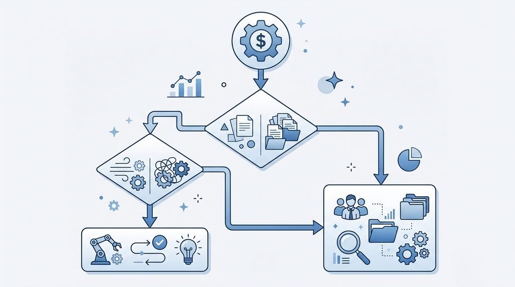 Flowchart illustrating a decision process for choosing bookkeeping automation software based on invoice volume