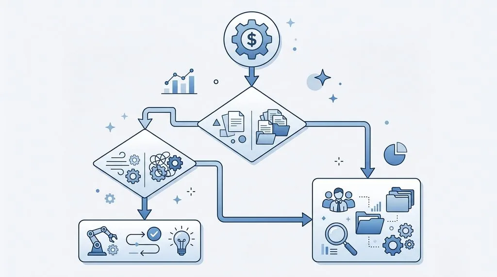 Flowchart illustrating a decision process for choosing bookkeeping automation software based on invoice volume