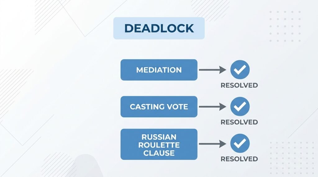 Flowchart showing three ways UK founders can resolve a 50/50 equity deadlock