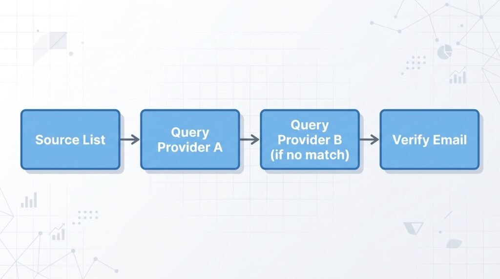 Diagram showing an AI data enrichment waterfall process for UK lead generation
