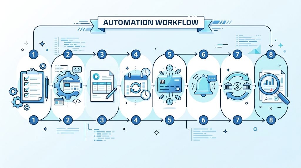 Flowchart showing eight steps to automate small business invoicing