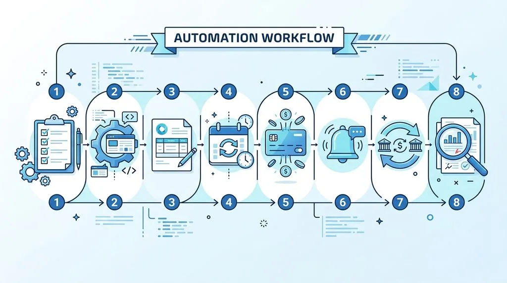 Flowchart showing eight steps to automate small business invoicing