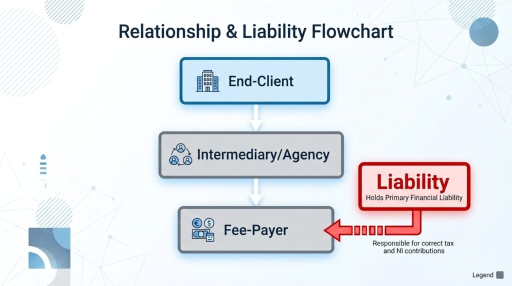 Diagram showing IR35 liability chain between end-client, intermediary and fee-payer in the UK