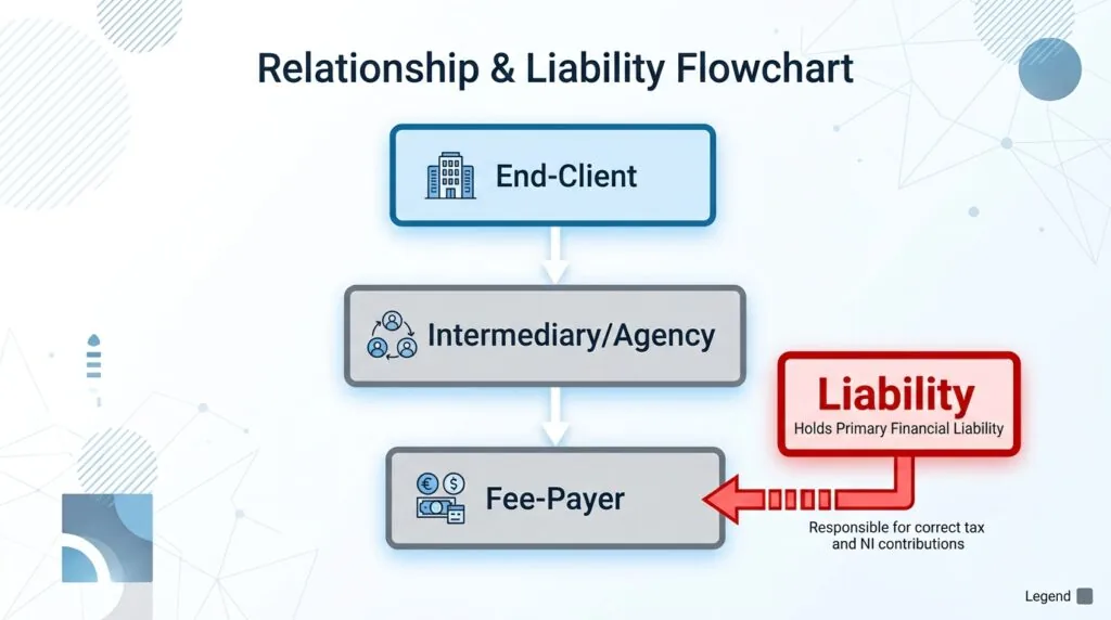 Diagram showing IR35 liability chain between end-client, intermediary and fee-payer in the UK