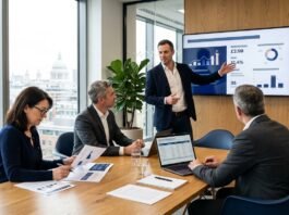 Founder pitching to investors during a UK seed funding meeting