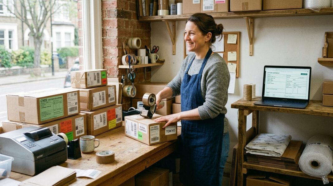 UK small business owner preparing export parcels for international shipping