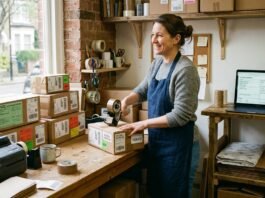 UK small business owner preparing export parcels for international shipping