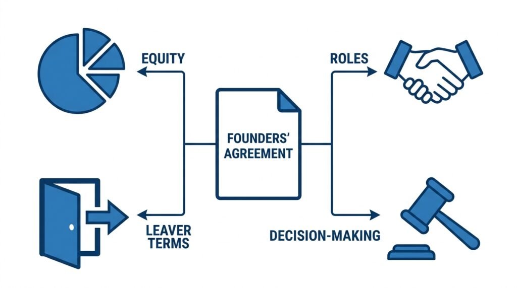 Diagram showing the four core areas covered by a UK founders' agreement