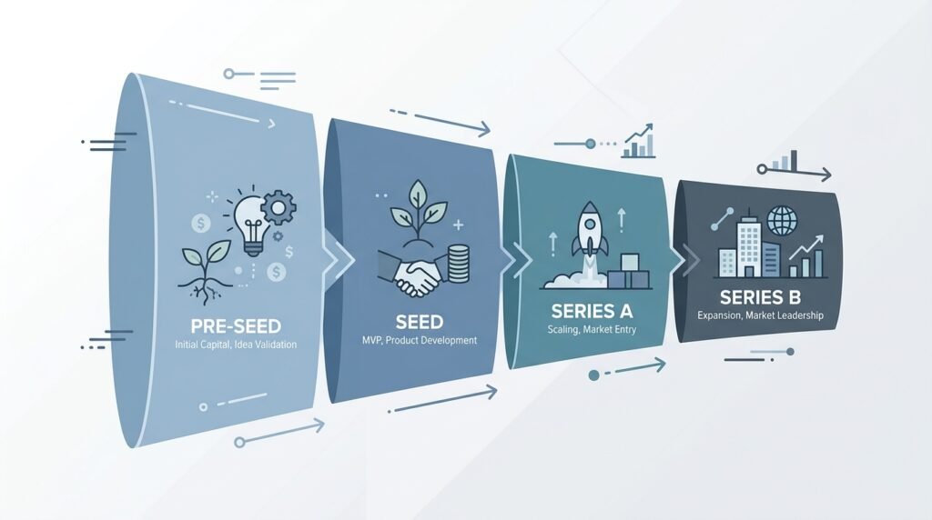 Diagram of UK venture capital funding stages from pre-seed to Series B