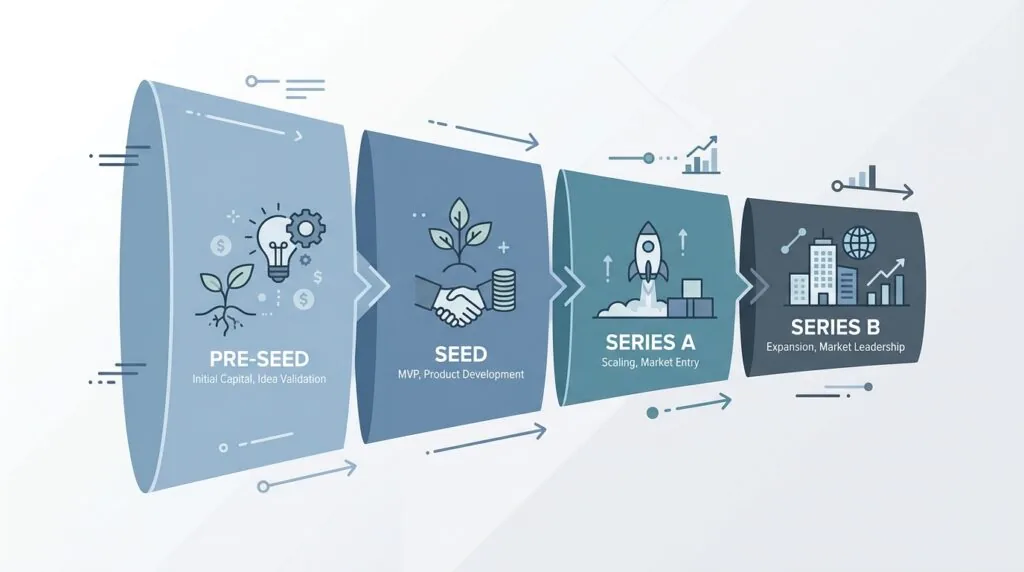 Diagram of UK venture capital funding stages from pre-seed to Series B