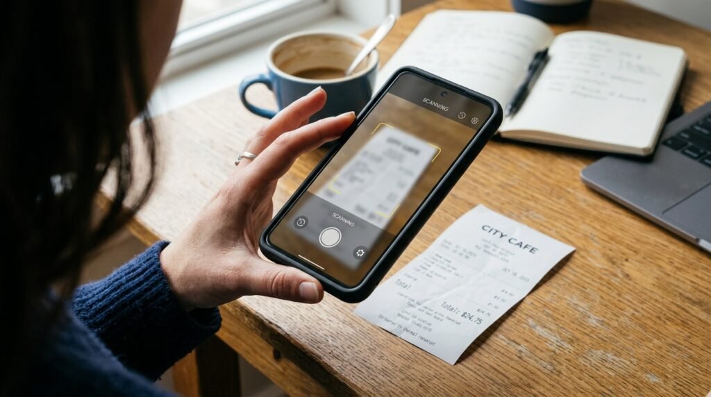 Sole trader photographing a receipt for digital HMRC record keeping