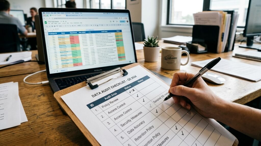 Small business owner conducting a data audit for GDPR compliance