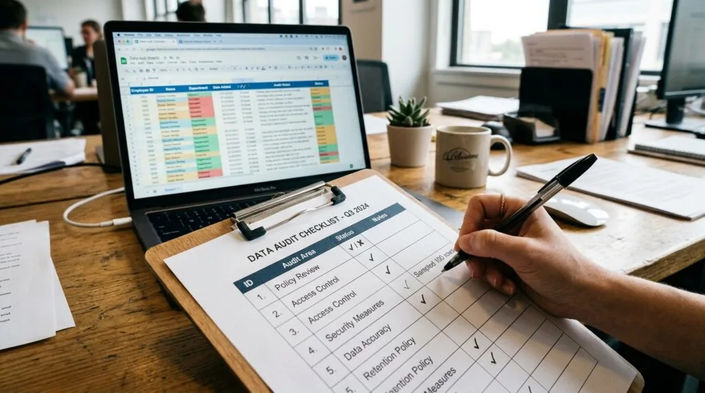 Small business owner conducting a data audit for GDPR compliance