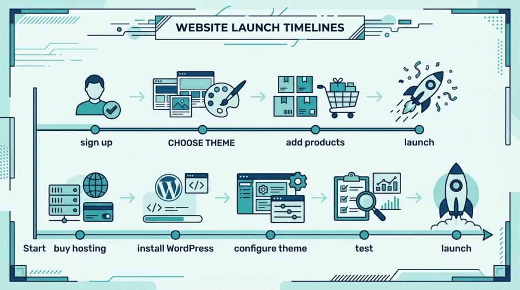 Timeline comparing Shopify quick setup versus WooCommerce longer self-hosted setup process