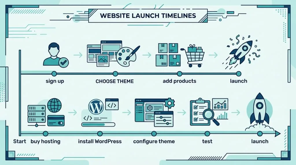 Timeline comparing Shopify quick setup versus WooCommerce longer self-hosted setup process