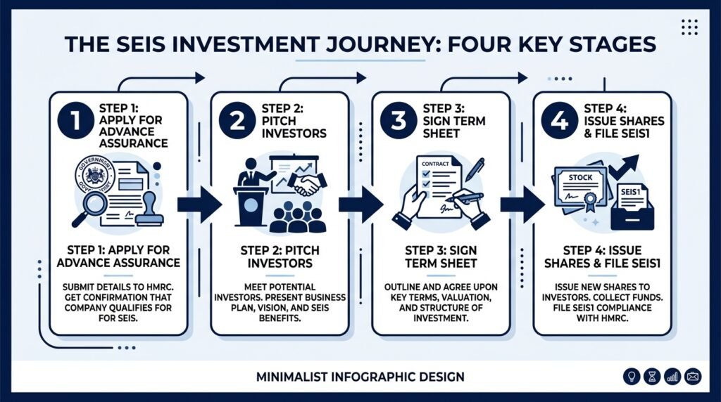 Timeline showing HMRC Advance Assurance and share issue steps for UK seed funding