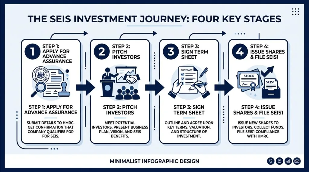 Timeline showing HMRC Advance Assurance and share issue steps for UK seed funding