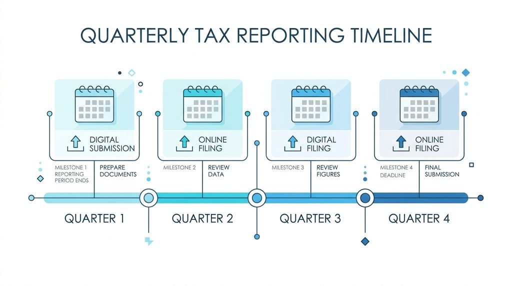 Timeline graphic showing quarterly Making Tax Digital reporting periods for UK small businesses