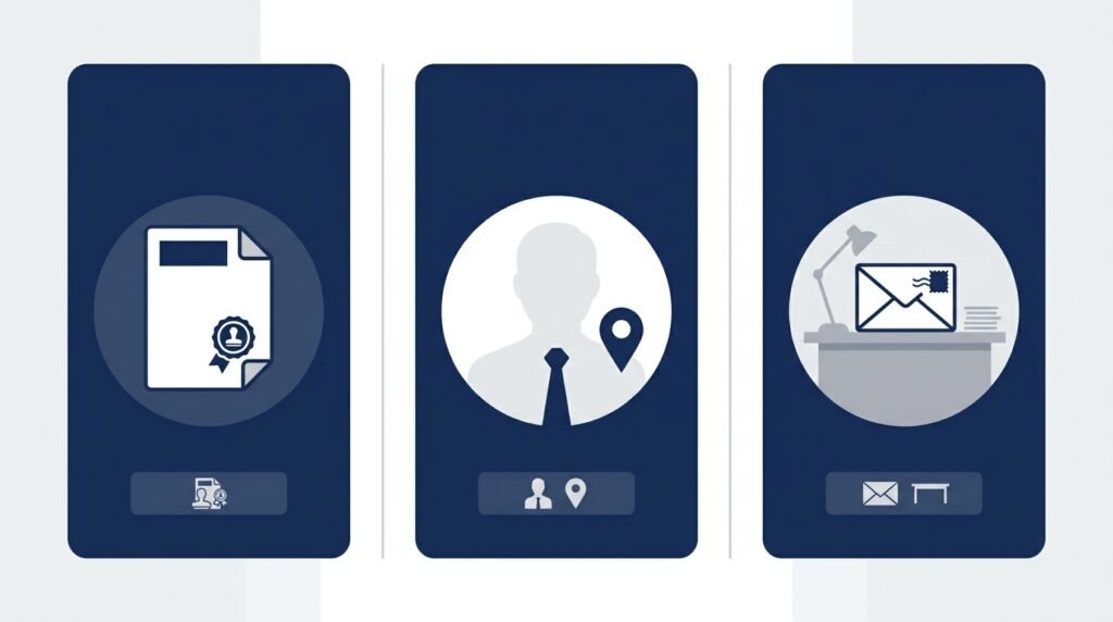  Icons representing the three types of UK business address — registered office, director's service address, and trading address