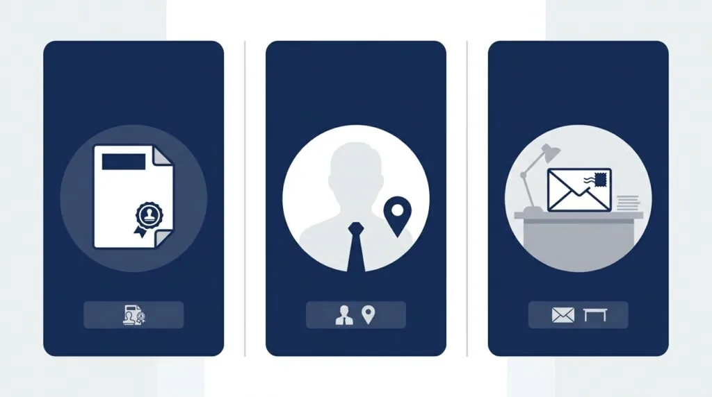  Icons representing the three types of UK business address — registered office, director's service address, and trading address