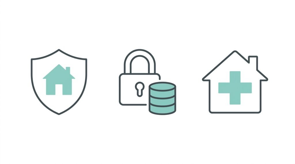  Icons representing UK home business insurance, GDPR data protection, and health and safety compliance
