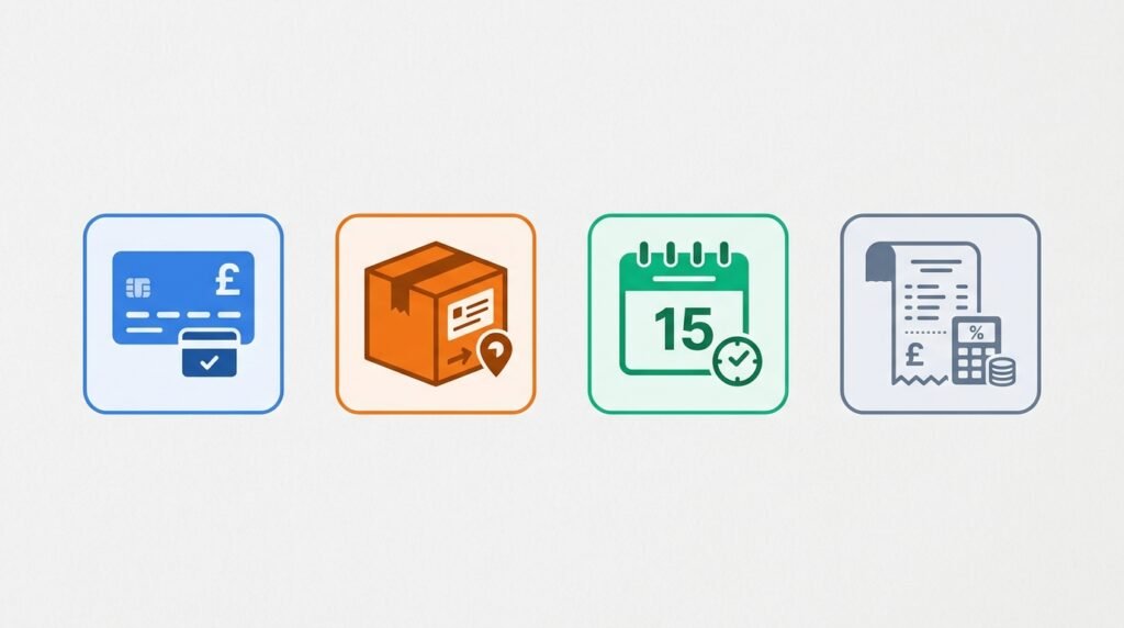  Icons representing UK payment processing, shipping, booking and VAT setup for small business websites