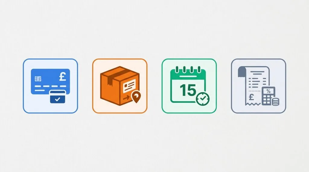  Icons representing UK payment processing, shipping, booking and VAT setup for small business websites