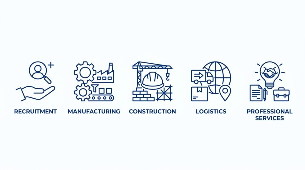 Icons representing UK industries that commonly use invoice financing